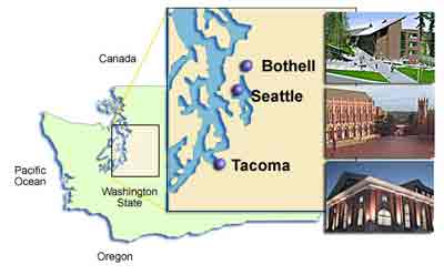 Map of UW campuses in Washington state.