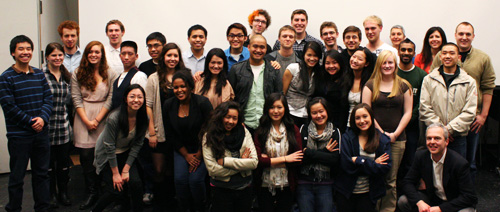 Undergraduate students in the Department of Human Centered Design & Engineering (HCDE). The undergraduate curriculum includes an upper-level course on Visual Communication (HCDE 411), in which undergraduate students learn the basics of visual design. The Winter 2012 Visual Communication course was instructed by Jacob Fleisher (front right).