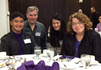 HCDE students and Sakson scholars Amado Robancho and Thuy Duong enjoy lunch at the 2011 Scholar-Donor Recognition Luncheon with Donna Sakson and husband Jonathan Mark. Sakson and Mark are the founders of the Sakson Diversity Undergraduate Scholarship. From left: Amado Robancho, Jonathan Mark, Thuy Duong, and Donna Sakson.