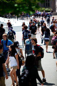 Students walk through Red Square at the UW Seattle campus.