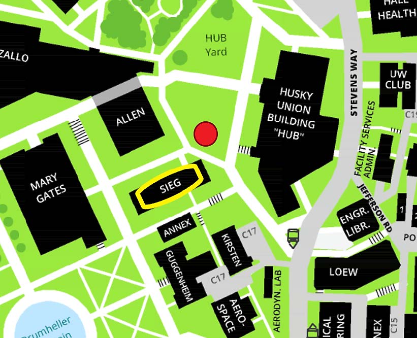 Map depicting meeting point of North HUB lawn outside of Sieg Building