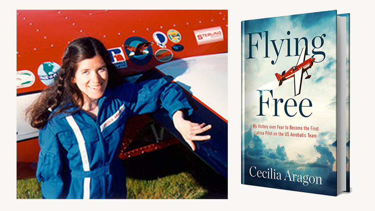Photo of Cecilia with a plane and an image of her book cover