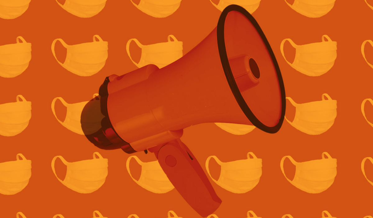 collage image with megaphone over background of masks