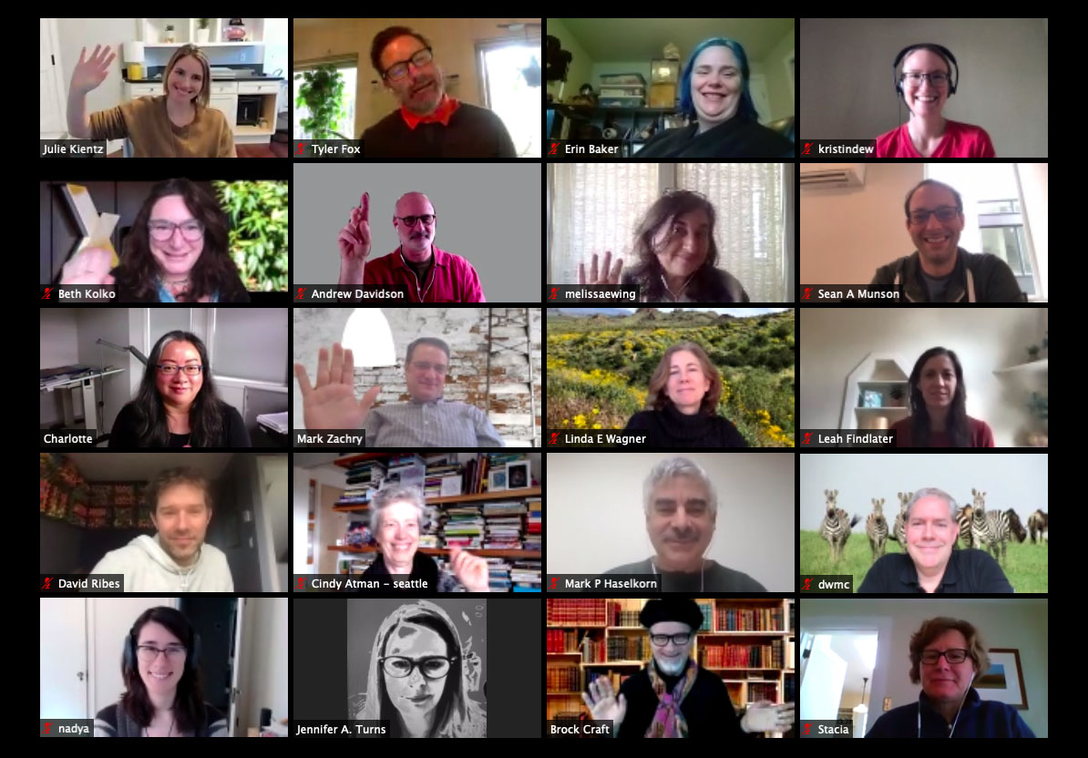 HCDE faculty and staff waving from their meeting via zoom