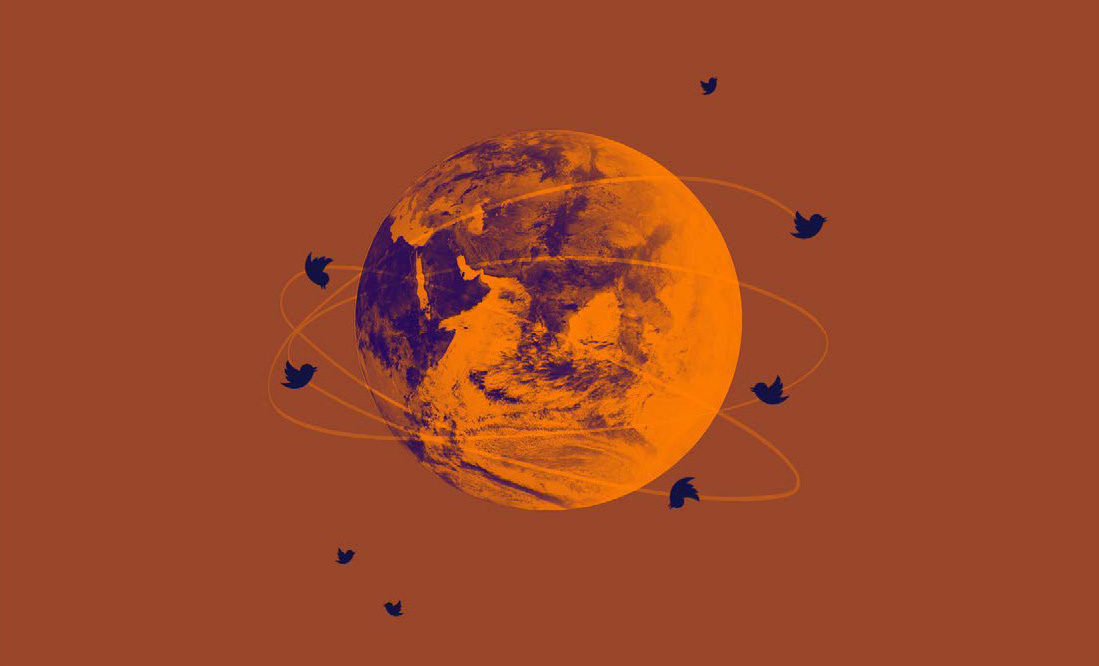 Illustration of twitter bird icons circling the globe