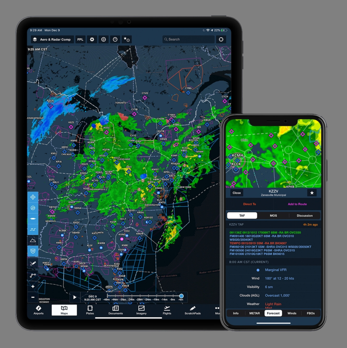 Boeing Foreflight Interface shown on an ipad and iphone