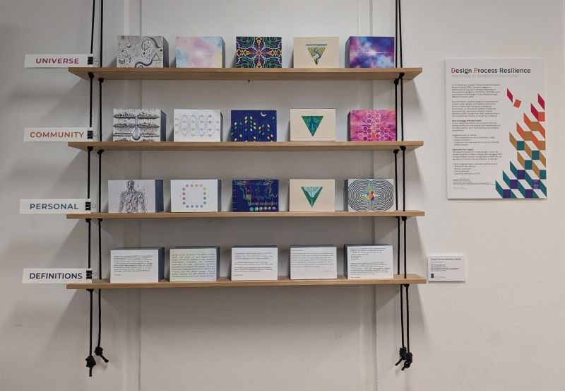 Exhibit consisting of four shelves with five blocks along each shelf. Each block has four sides and visualizes parts of the design process the students illustrated.