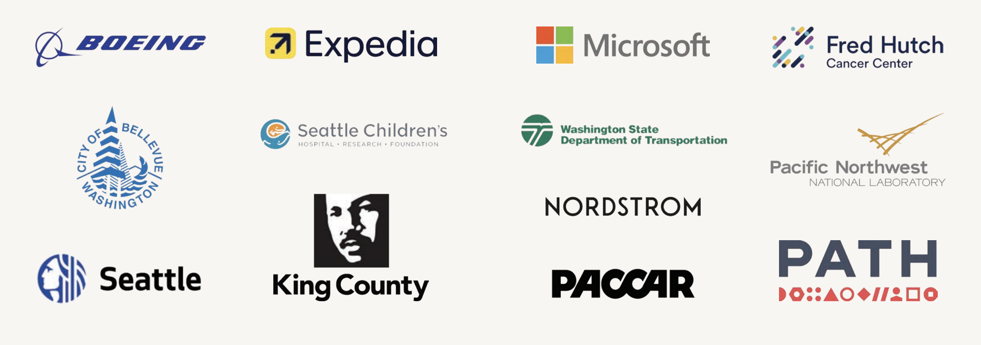 Image of logos including: Boeing, Expedia, City of Bellevue, City of Seattle, Seattle Children's Hospital, King County, Microsoft, Washington State Department of Transportation, Nordstrom, PACCAR, Fred Hutch Cancer Center, Pacific Northwest National Laboratory, and PATH.