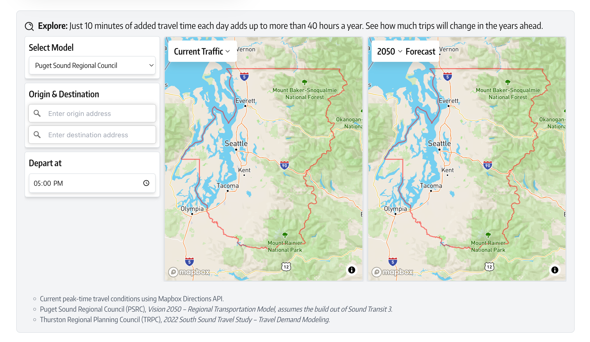 Screenshot of Mobility Washington 2050 platform showing interactive traffic visualization