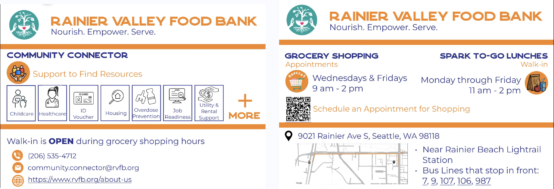 Rainier Valley Food Bank client information card with icons and text explaining available resources, shopping and lunch hours, contact information, location and transit options.