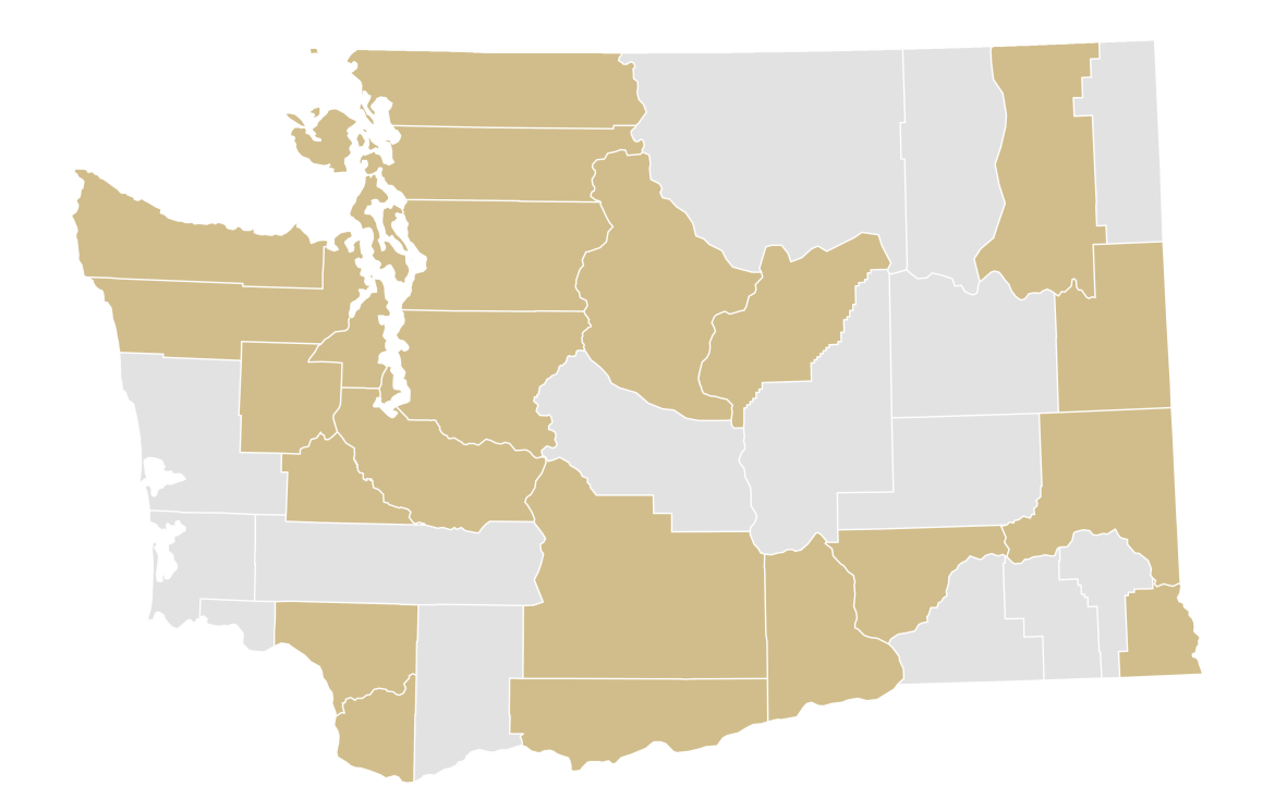 WA state map demonstrating counties where HCDE alumni live