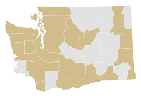 WA state map demonstrating counties where HCDE alumni live