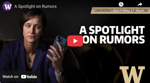 Screenshot of YouTube title screen with photo of Starbird holding a phone with text: A spotlight on Rumors