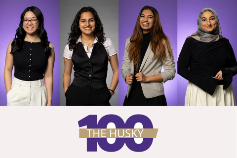 Headshots of HCDE students Grace Carina Bunarto, Mishti Dhawan, Damini Sheth, and Mina Zavary