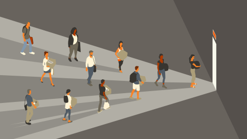 Illustration of diverse people walking toward a glowing exit door, each carrying personal belongings in boxes or bags. The scene is cast in shades of gray, with individuals illuminated by beams of light leading toward the exit, symbolizing transition, change, or departure.