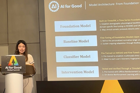 Selah Key stands on stage at the Global AI Summit presenting a slide about her project 'Ordinary Days'
