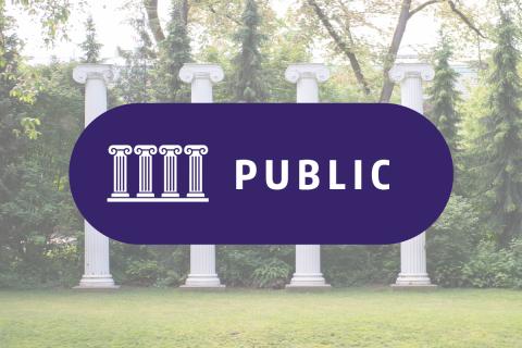 HCDE's Public Icon with 4 columns over a photo of UW's 4 columns in sylvan grove