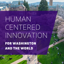 Impact Report cover includes title of report and aerial photo of the UW quad with people walking