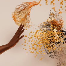 illustration of an outstretched hand reaching toward swirling clusters of orange, black, and gold particles