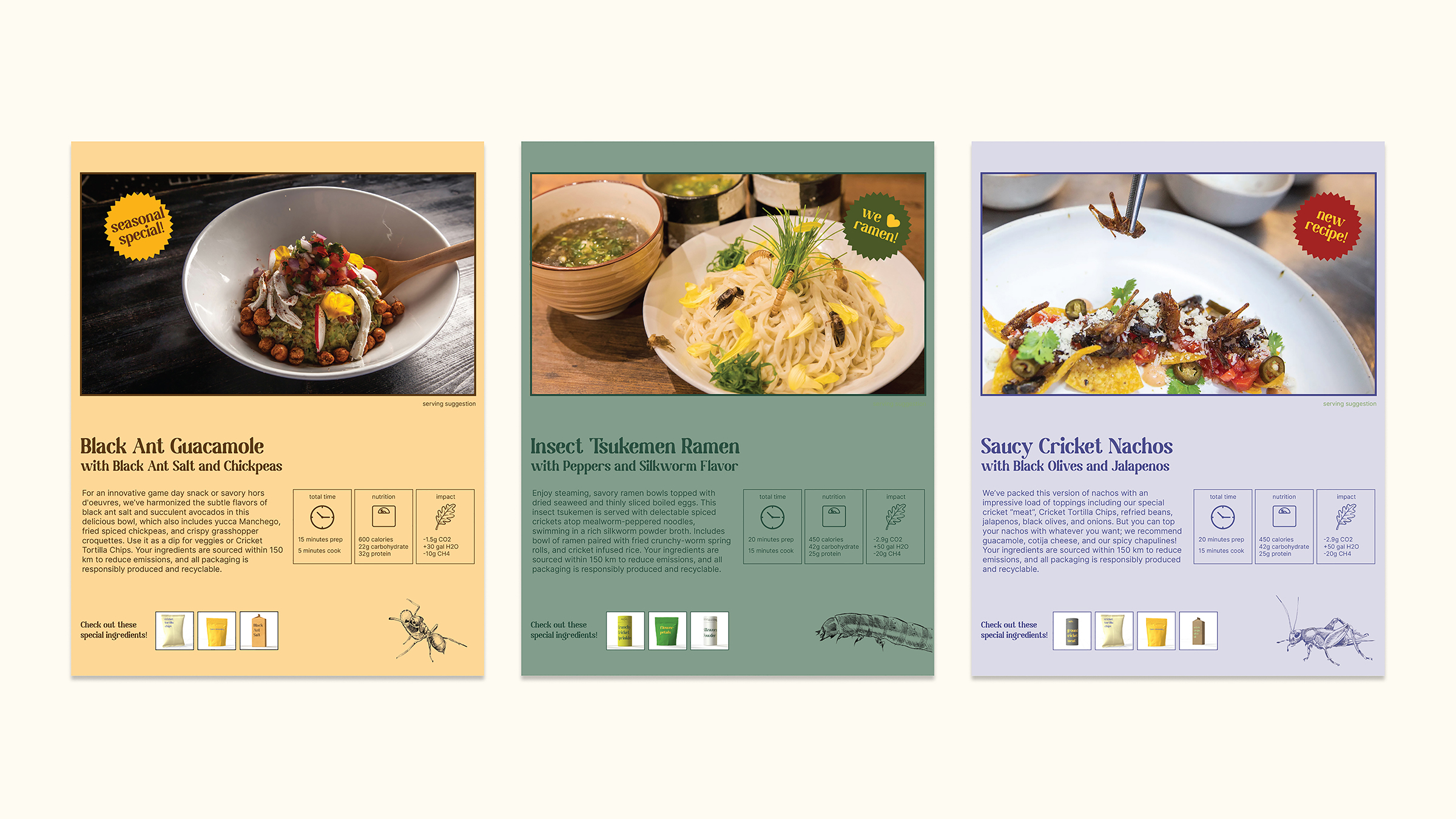 concept images of three cards that include recipes for cooking with insect protein 
