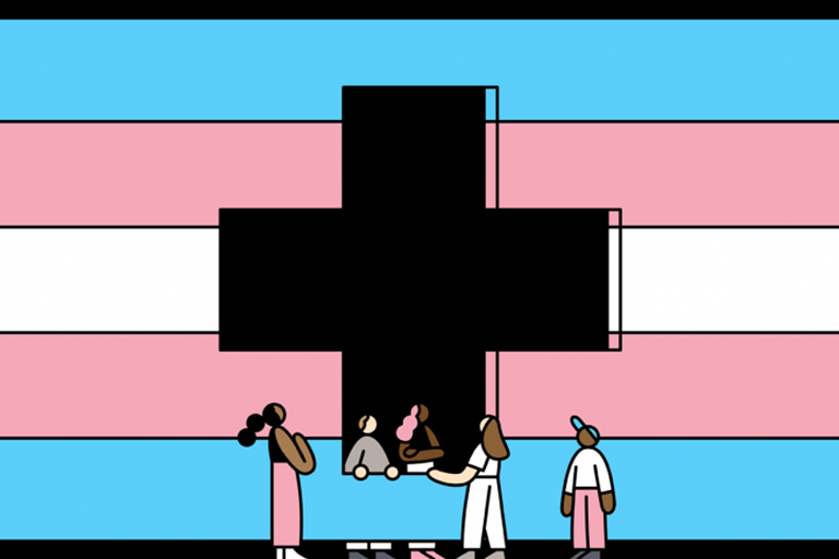 Illustration of a trans flag with a black medical plus sign in the middle and five people standing in front and behind the sign