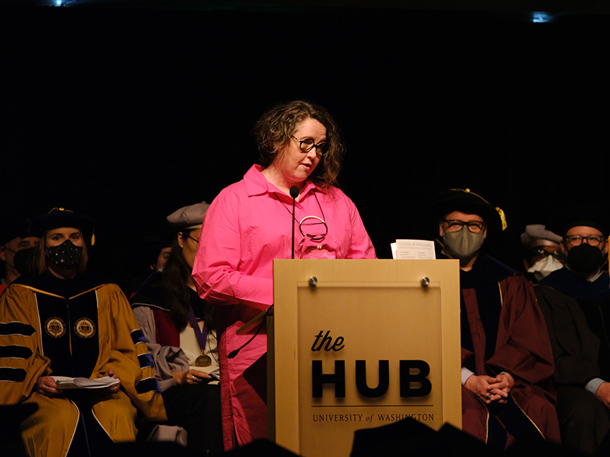 Gail Thynes at the podium