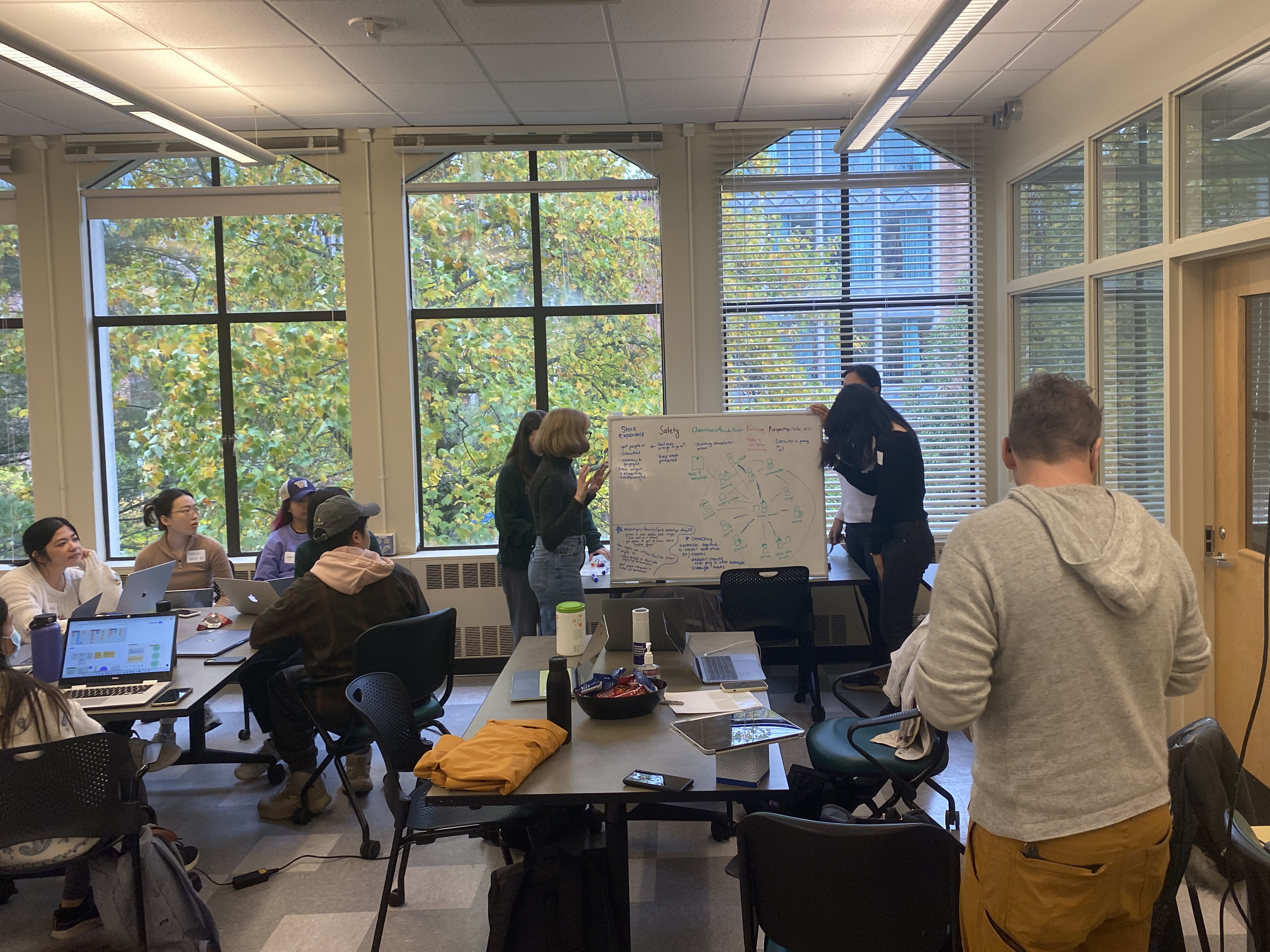 Students working on a whiteboard in Sieg Building
