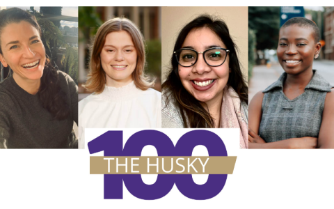 4 headshots with Husky 100 logo