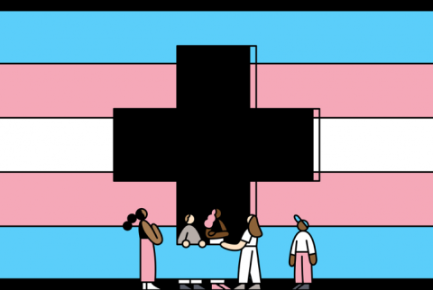 Illustration of a trans flag with a black medical plus sign in the middle and five people standing in front and behind the sign.