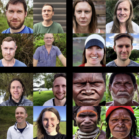 This image compares 16 images generated by Stable Diffusion. In the lower right quadrant, images generated to represent “a person from Papua New Guinea” show four dark-skinned people, while the other 12 images, representing people from Oceania, Australia and New Zealand show only light-skinned people.