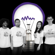 collage image with photo of 4 students and a lightbulb image behind them.